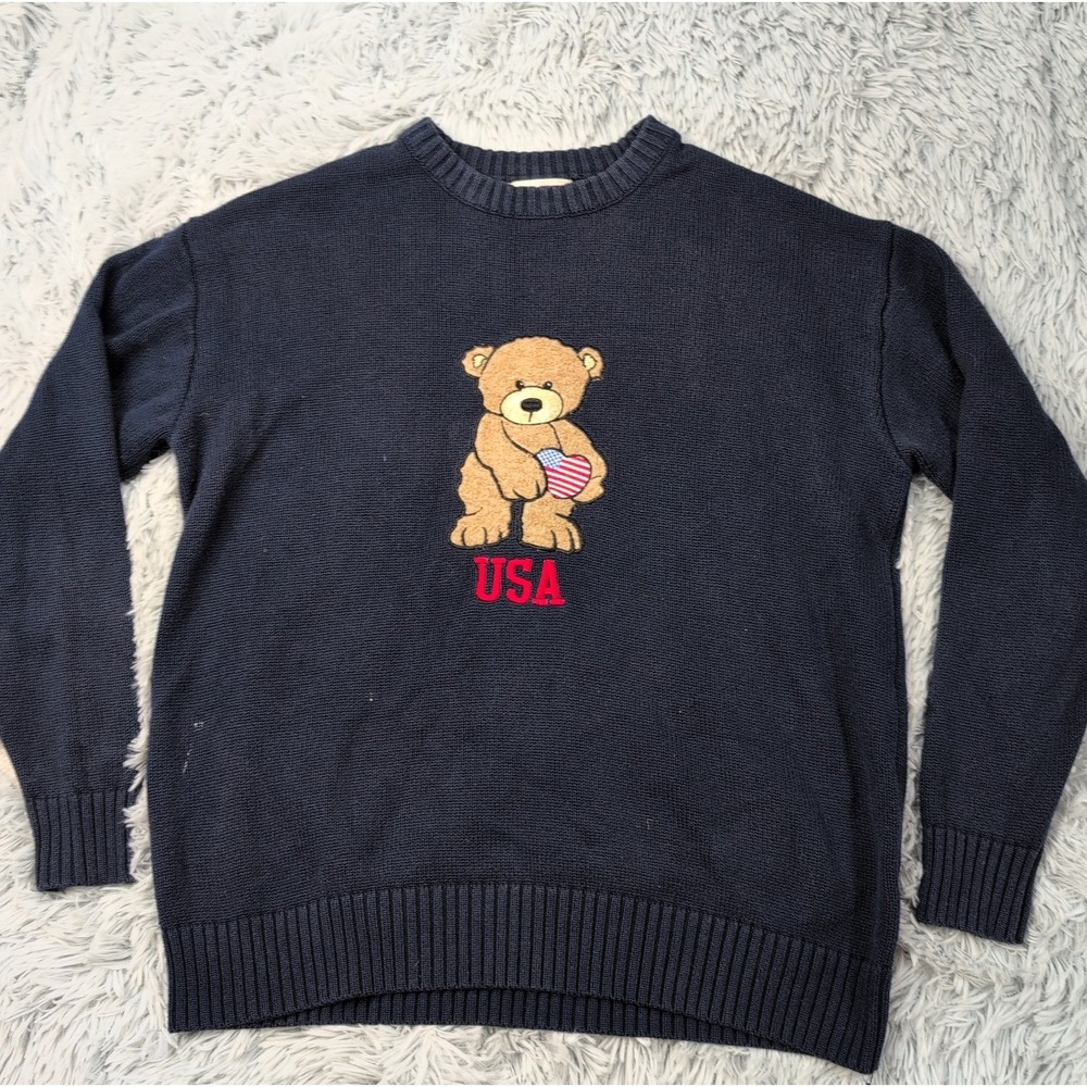 Stella Tweed Sweater Womens S Blue Teddy Bear USA Embroidery Comfort